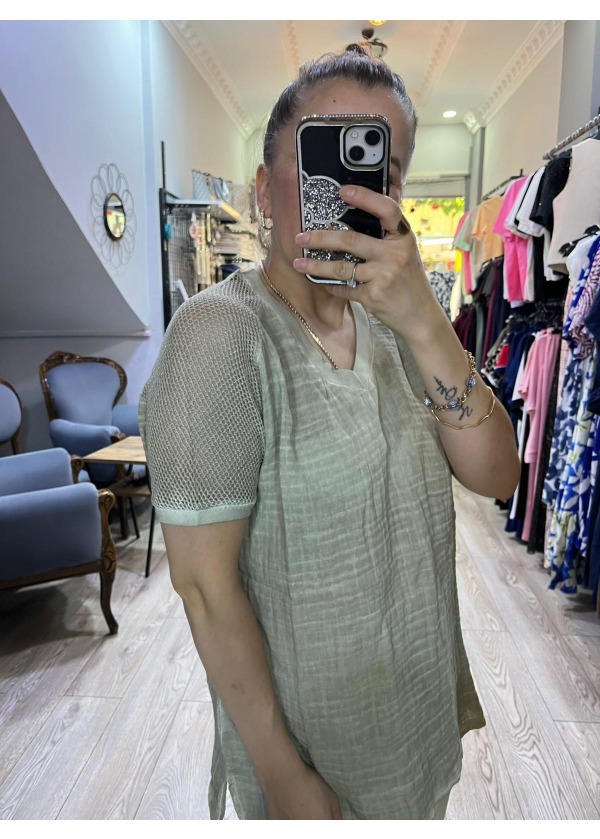 Muslin Kumaş Kolu Fileli Bluz ( haki )