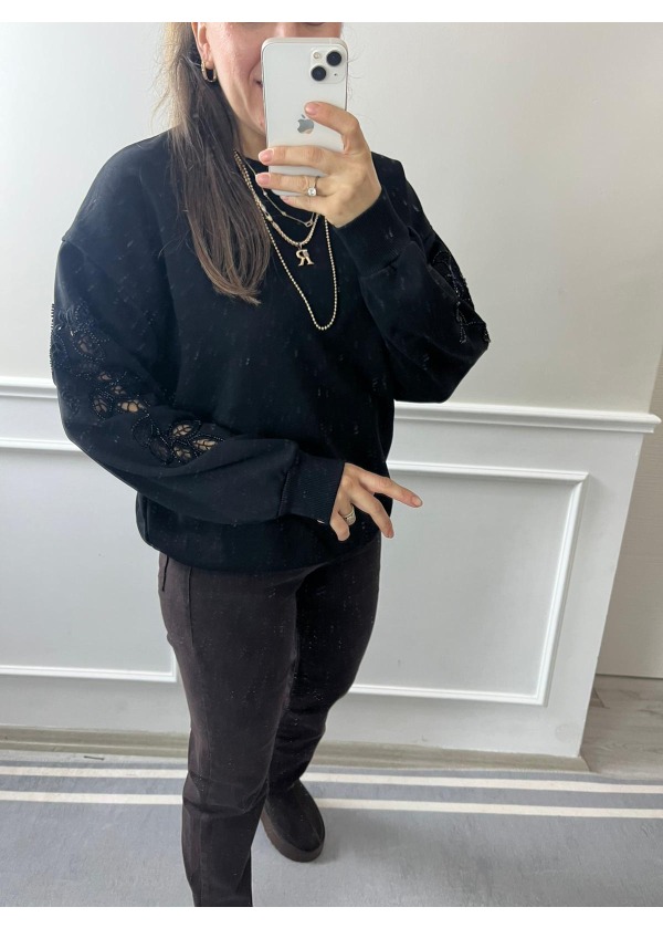 Kol Nakış Detay Sweat ( Siyah )