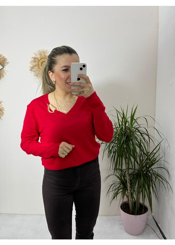 V Yaka Tokalı Triko ( Kırmızı )