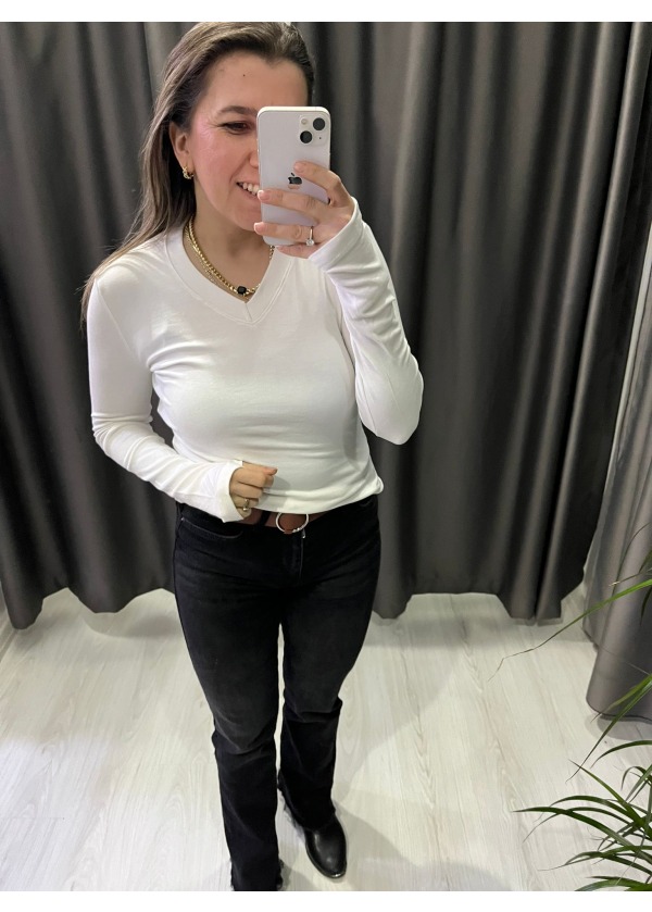 Parmak Geçmeli V Yaka Body ( Beyaz )