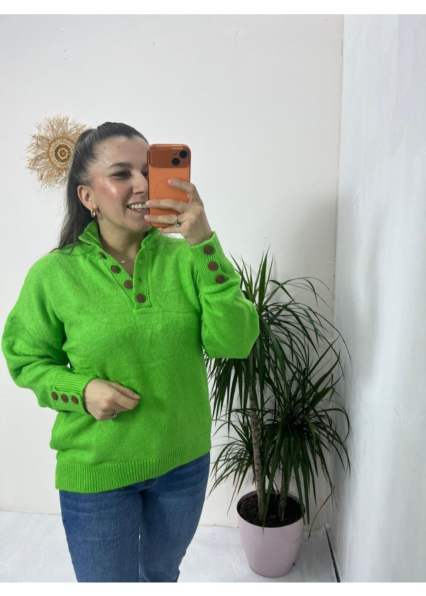 Yaka Kol Düğme Detaylı Kazak ( yeşil )