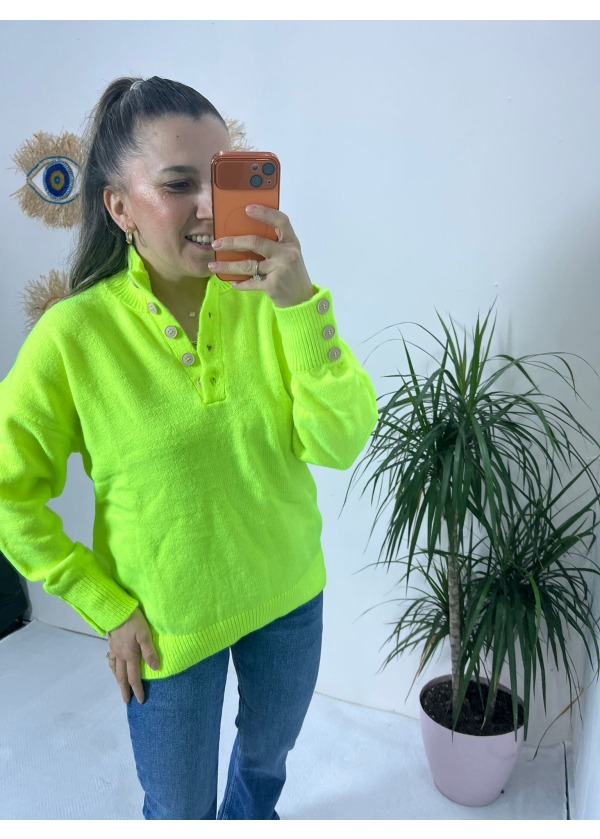 Yaka Kol Düğme Detaylı Kazak ( neon )
